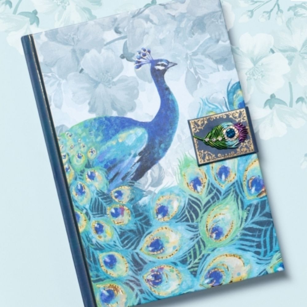 🔸️NWOT Emerald Peacock Feathers Brooch Hardcover Journal